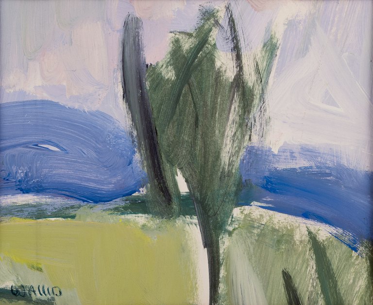Helmer Wallin  (1906-2004), listed Swedish artist. Acrylic on paper.
Abstract landscape.