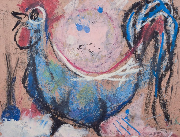 Mette Doller (b. 1925), Danish artist. Mixed media on paper. Rooster. Dated 
1959.
