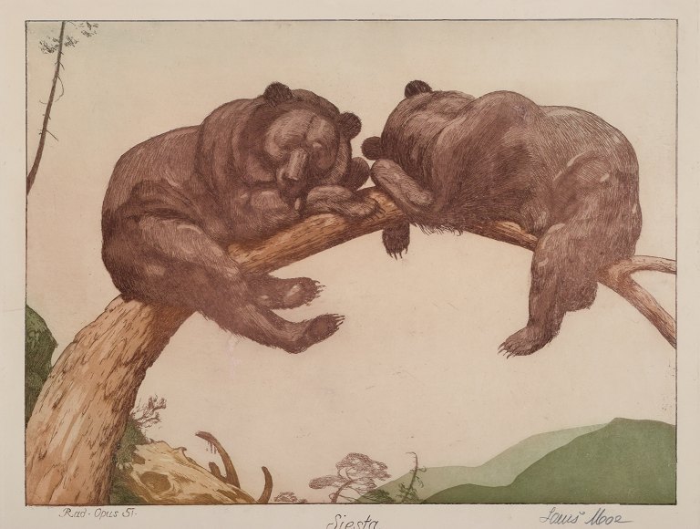 Louis Moe (1857–1945), well listed Norwegian artist. Color etching on Japanese 
paper. Opus 51 "Siesta". Two resting brown bears in a tree.