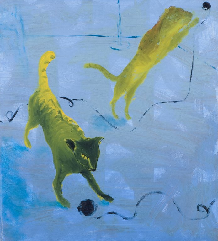 Bjørn Eriksen (b. 1957), Danish contemporary artist. Oil on canvas.
Cats playing with skeins of yarn. Abstract composition.