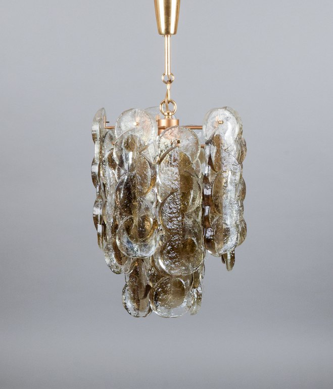 Kalmar, Austria.
Ceiling lamp in art glass for six bulbs. Clear and light brown mouth-blown 
glass. Italian design.