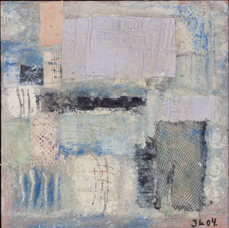 Jette Lindberg, Danish artist. Mixed media on board. Abstract composition.