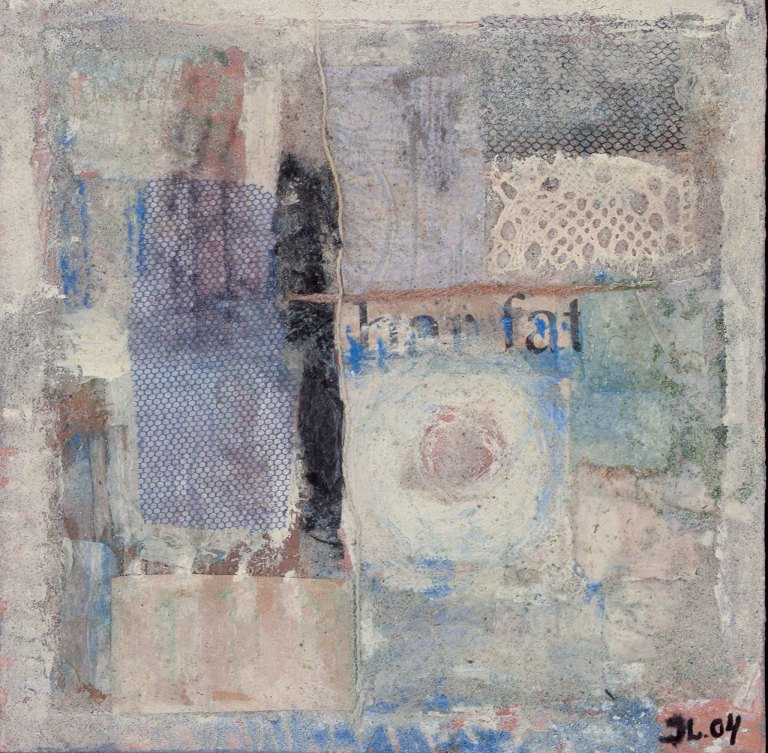 Jette Lindberg, Danish artist. Mixed media on board. Abstract composition.