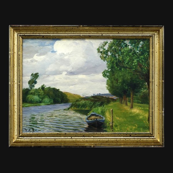 Hans Andersen Brendekilde, Dänemark, 1857-1942, Öl auf Leinen. Landscahftspartie 
mit einem Boot an einem Bach. Signiert. Lichtmasse: 28x39cm. Mit Rahmen: 36x47cm