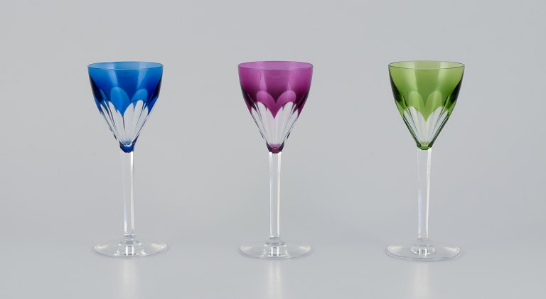 Val St. Lambert, Belgium. Three red wine glasses in faceted crystal.