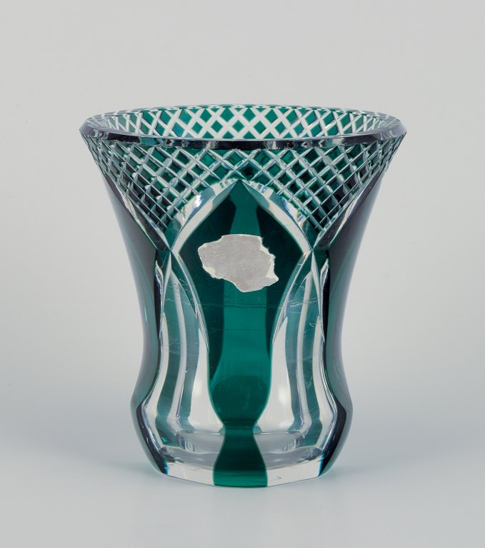 Val St. Lambert, Belgium. Faceted crystal vase in green and clear glass.