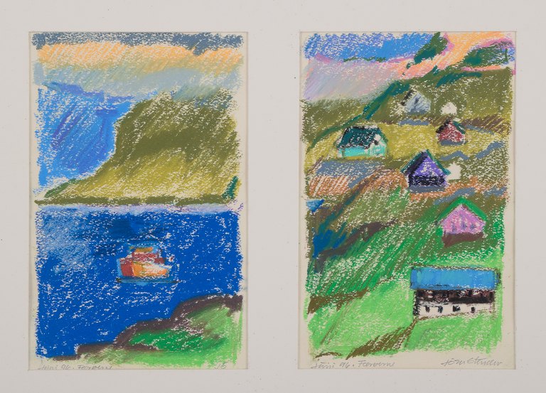 Jörn Stender, dansk kunstner. Pastel på papir. 
To landskabsmotiver med huse fra Færøerne.