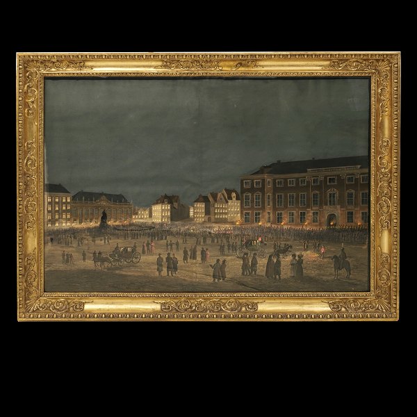 Gouache mit Motiv in Form von Volksleben am Kongens Nytorv, Kopenhagen, um 1840. 
Lichtmasse: 69x101cm. Mit Rahmen: 85x117cm