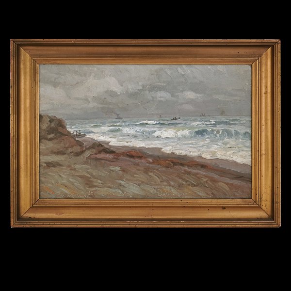 Painting by Hans Gyde Petersen, 1862-1943, oil on canvas from Skagen, Denmark. 
Signed and dated 1909. Visible size: 28x42cm. With frame: 28x42cm. With frame: 
39x53cm