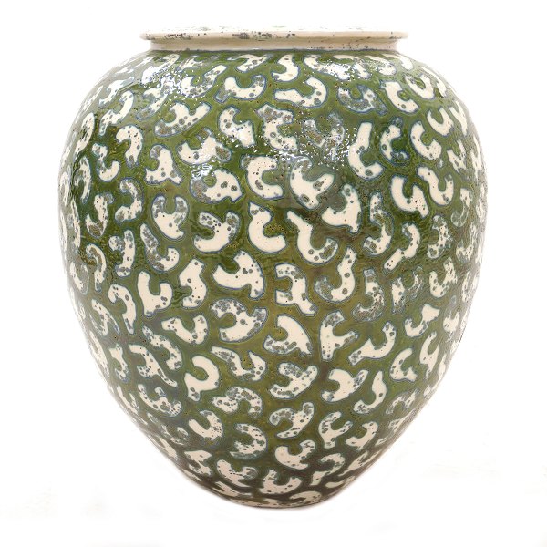 Very large Per Weiss, Denmark, vase green and blue glazed. H: 65cm. D: 58cm