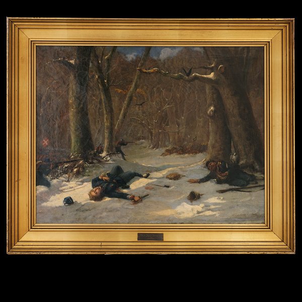 David Jacobsen, 1821-71, Öl auf Leinen. Getroffene Soldaten im Wald. Signiert 
und datiert 1864. Lichtmasse: 48x61cm. Mit Rahmen: 62x75cm