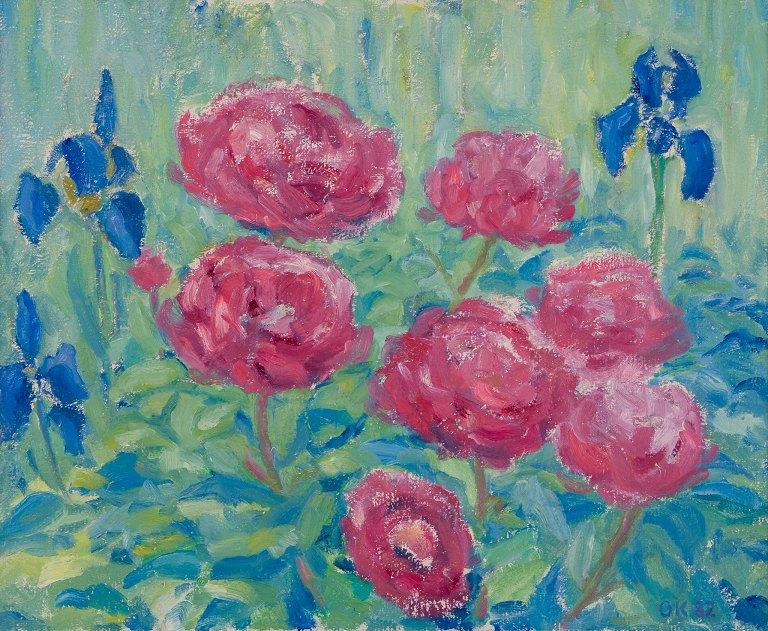 Ole Kielberg (1911-1985), dansk maler.
Olie på lærred. Blomsteropstilling.