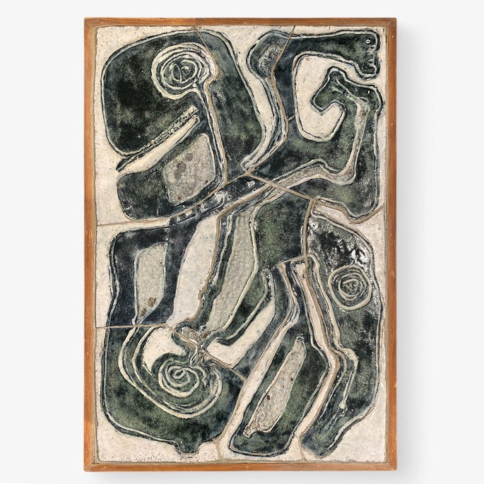 Birte Weggerby.
Wall-mounted relief in glazed stoneware with wood frame. Signed on the back. 
1969.
1 pc. in stock

