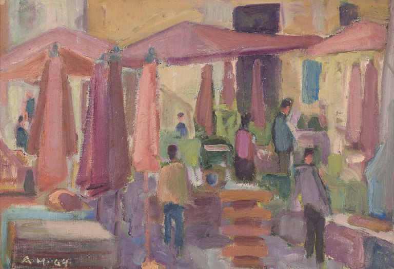 Aksel Møller (1909-1994), Danish artist. Oil on canvas.Market scene with people from Catania, Sicily.