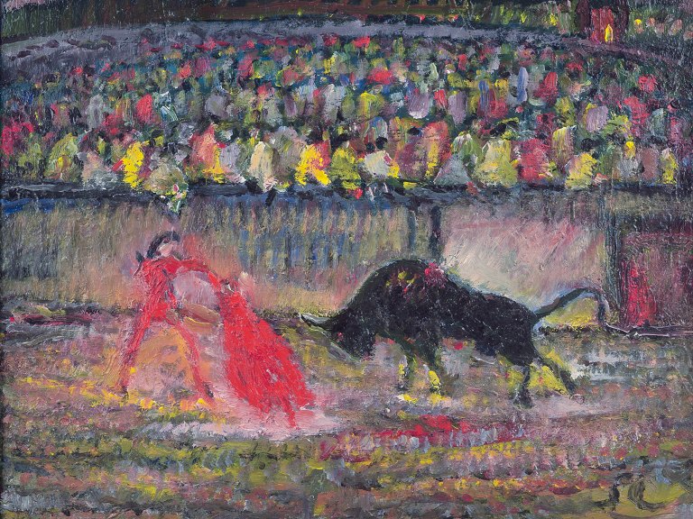 Ubekendt europæisk kunstner, olie på lærred.
Motiv af matador i tyrefægterarena. 
Abstrakt stil.