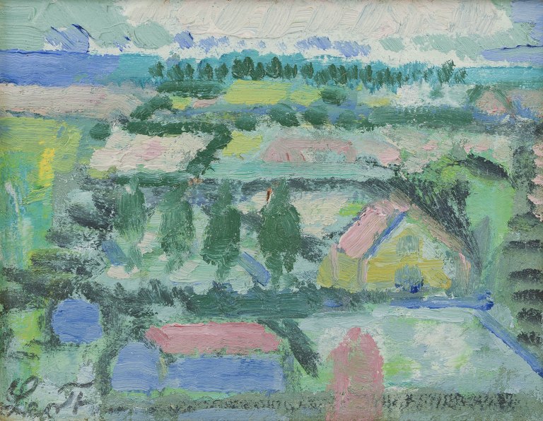 Leo Thellefsen (1909 - 1997), olie på plade. 
Modernistisk landskab.