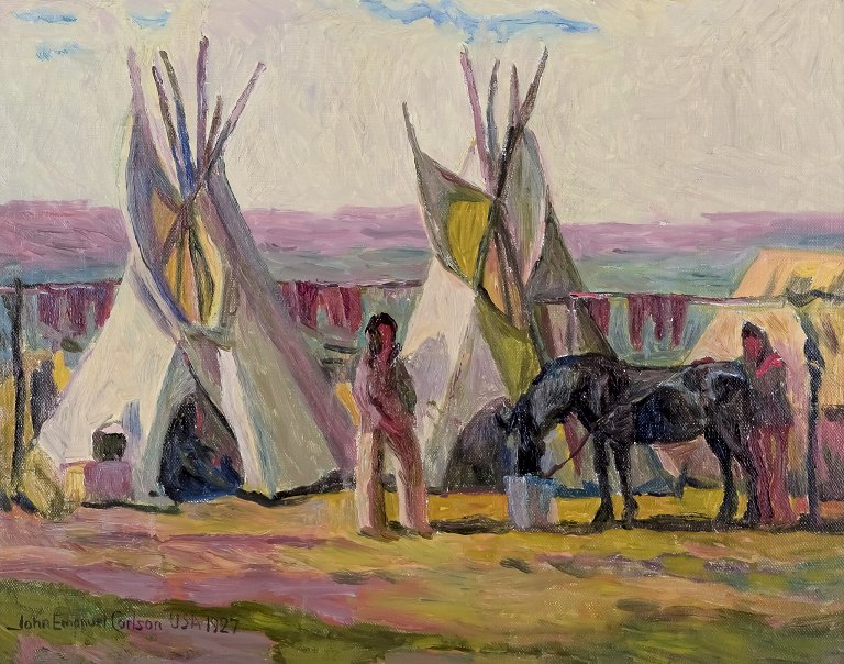 John Carlson (1875-1947), svensk/amerikansk kunstmaler. 
Olie på plade.
Motiv af lejr med indfødte. Pine Ridge Reservation – USA.