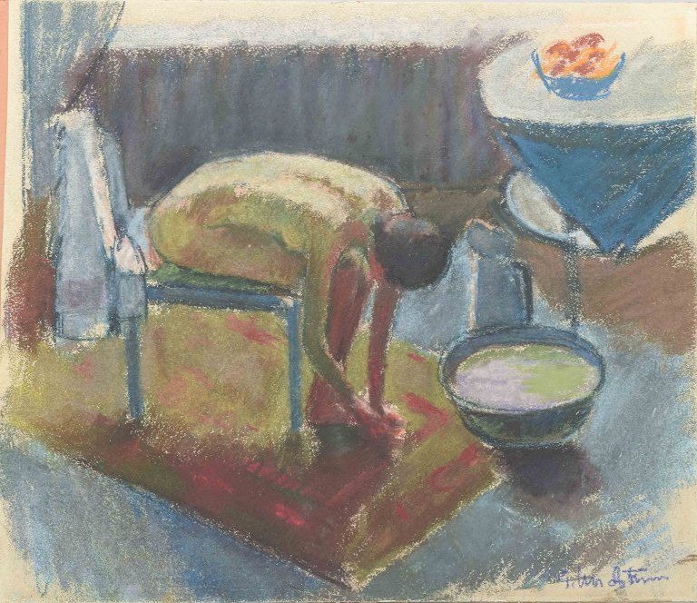 Skandinavisk kunstner
Komposition med siddende figur ved vaskefad.
Kridt / pastel (crayon) på papir.
