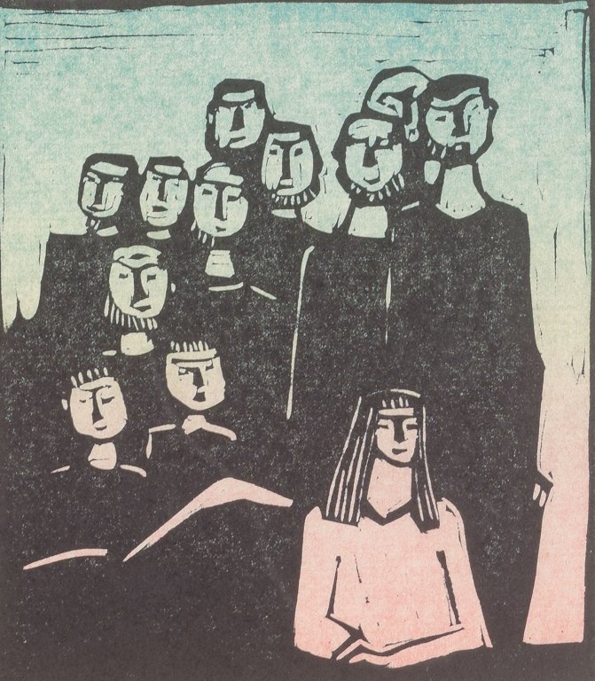 Åke Holm
Træsnit med gruppefigurer.
Farvetryk i sort, rosa og blå toner.