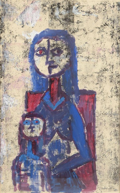 Sven Linder
Moder med barn.
Mixed media på plade, bag glas.