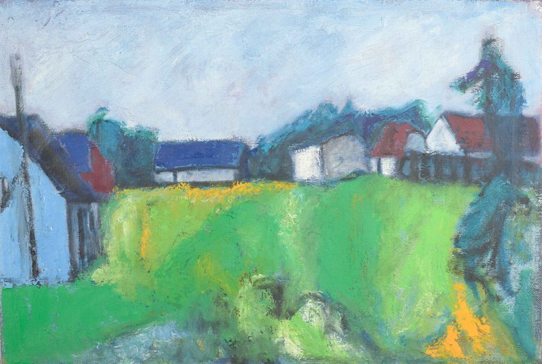 Johnny Madsen, dansk kunstner.
Parti med hus.
Olie på lærred.
