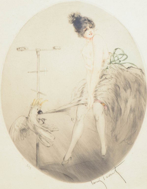 Louis Icart, farve-etsning “Jeune femme et perroquet”, fransk kunstner.