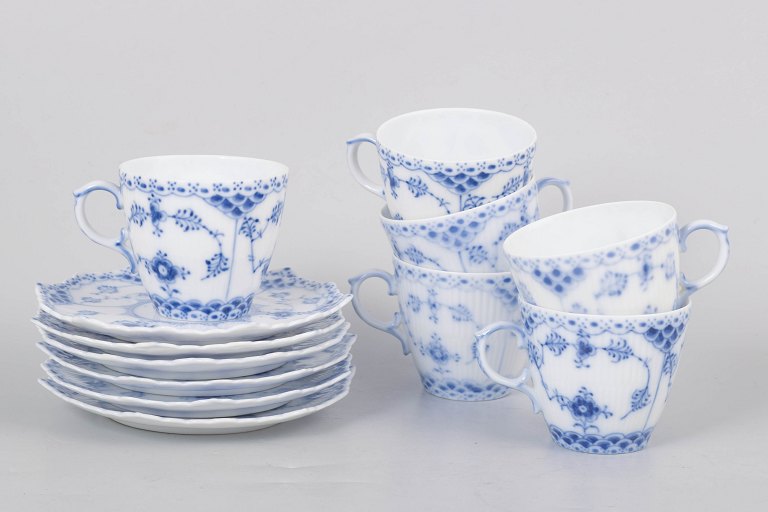 Royal Copenhagen Blue Fluted Full Lace, set of six espresso cups with matching saucers.