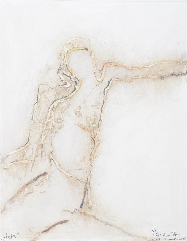 Nis Schmidt, "Pietà", mixed media på papir, listet dansk billedkunstner.