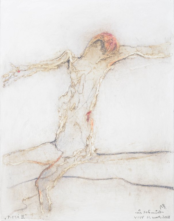 Nis Schmidt, "Pietà II", mixed media på papir, listet dansk billedkunstner.