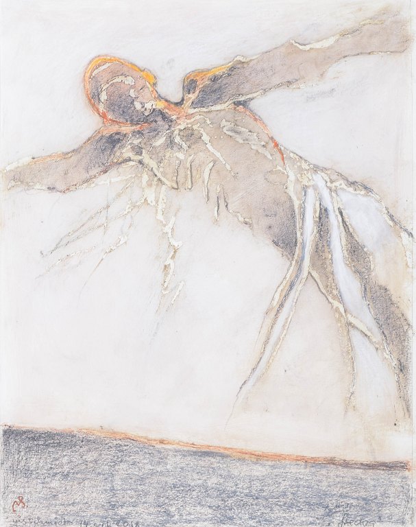 Nis Schmidt, "Fredag", mixed media på papir, listet dansk billedkunstner.