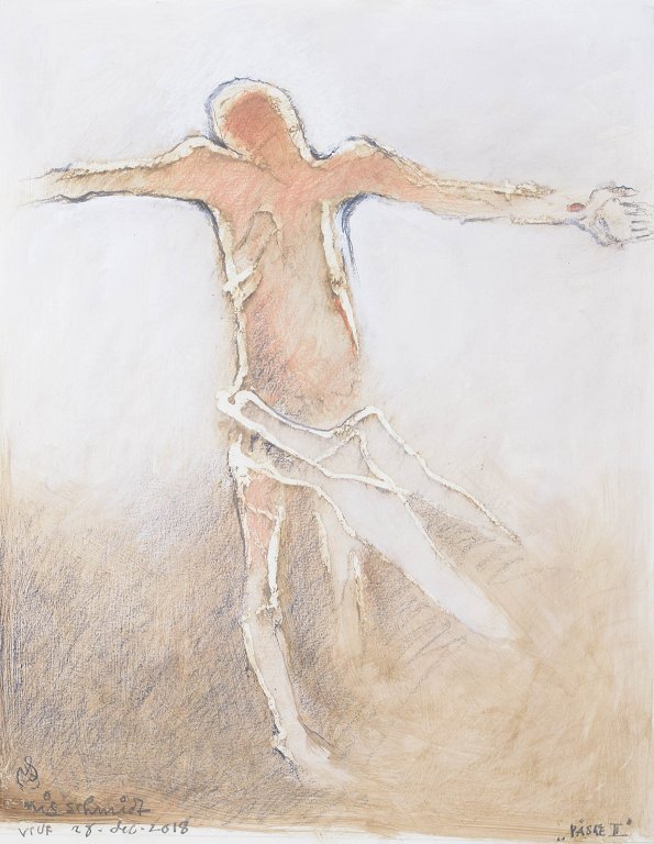 Nis Schmidt, "Påske II", mixed media på papir, listet dansk billedkunstner.