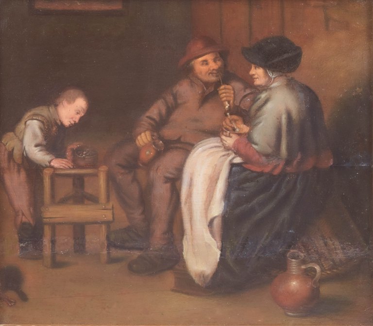 Jan Miense Molenaer stil, hollandsk old master-skole, interiør med figurscene.