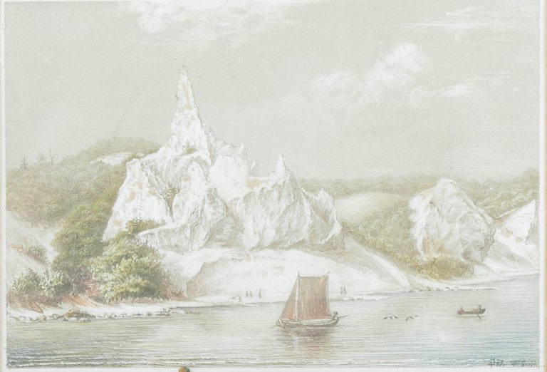 Johan Adolph Kittendorff (1820–1902)Dansk guldalderkunstner, gouache på papir, 1861. Sommerspiret ved Møns Klint.