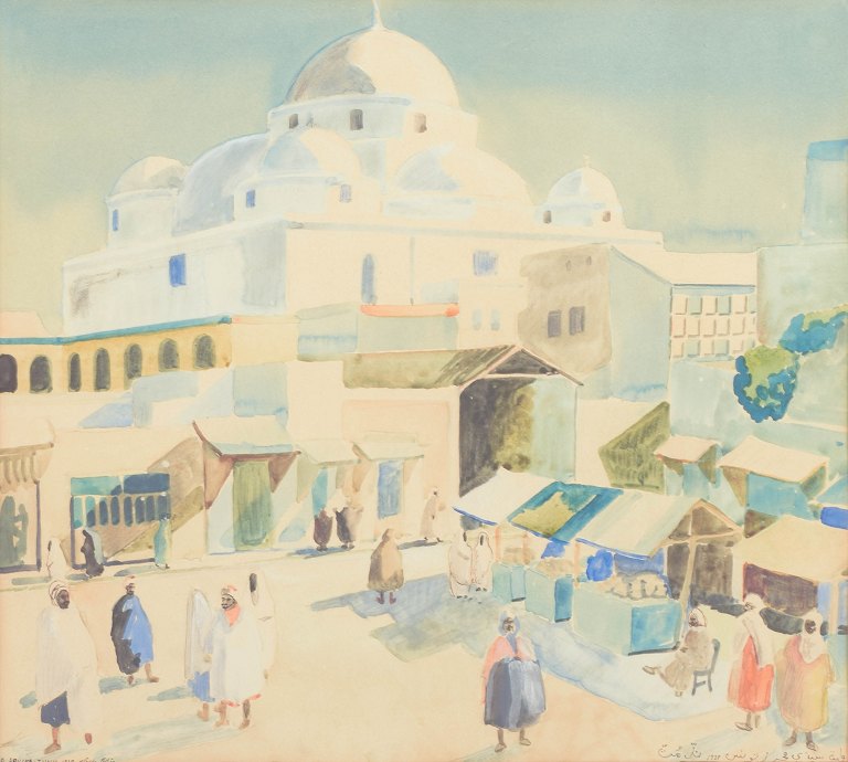 Yahia Turki, “Bab Souika Tunis”, gouache og vandfarve, listet tunesisk billedkunstner.
