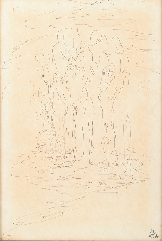 Dansk kunstner, nøgenstudie, tegning på papir, 1980.