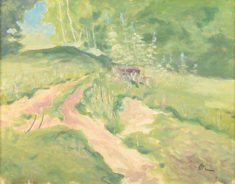 Olle Hjortzberg, landskab, oliemaleri på plade, listet svensk kunstner.