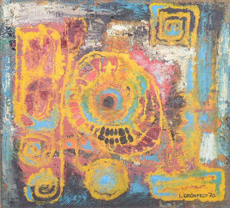 Lars Grönfelt, abstrakt komposition, olie på lærred, 1970, listet svensk-finsk kunstner.