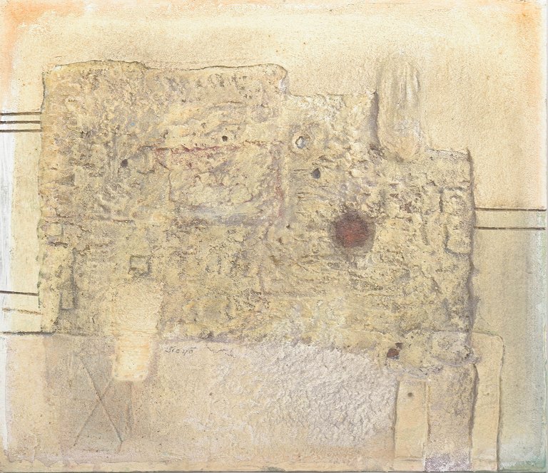 Kaj Siesjö, abstrakt mixed media på plade, 1968, listet svensk kunstner.