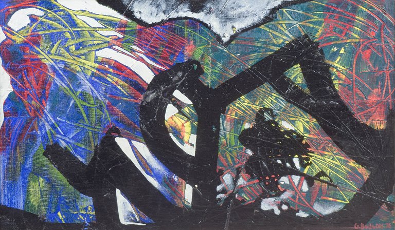 European artist. G. Bodson, abstrakt oliemaleri på lærred, 1976.