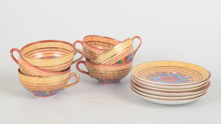 Japansk Kutani Art Deco, sæt med seks tekopper med underkopper.
