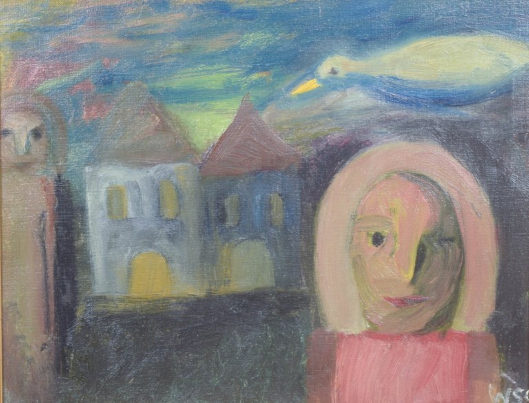 Wiliam Skotte Olsen, figurativ komposition, olie på lærred, listet dansk kunstner.