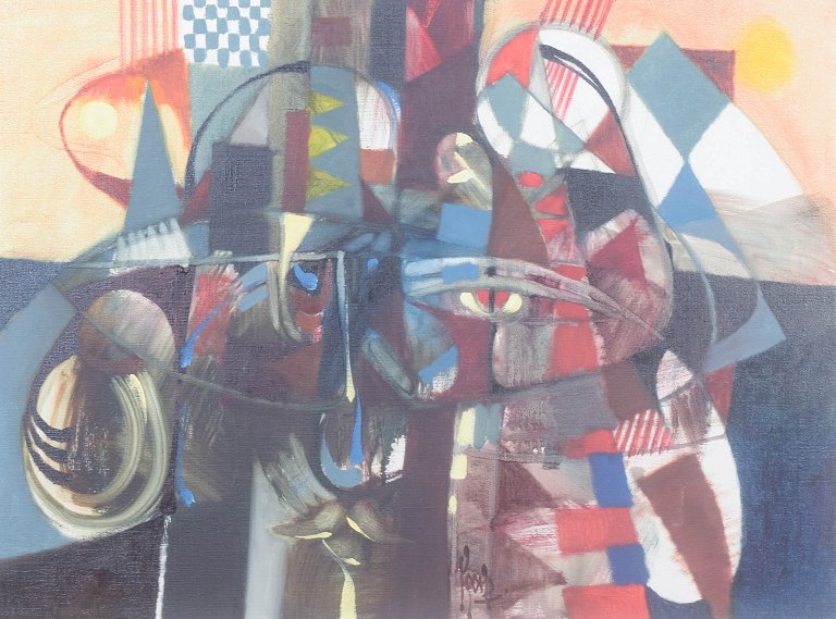 Kåre Lem, abstrakt komposition, olie på lærred, listet dansk kunstner.