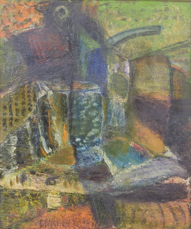 Europæisk kunstner, abstrakt oliemaleri på plade, signeret.