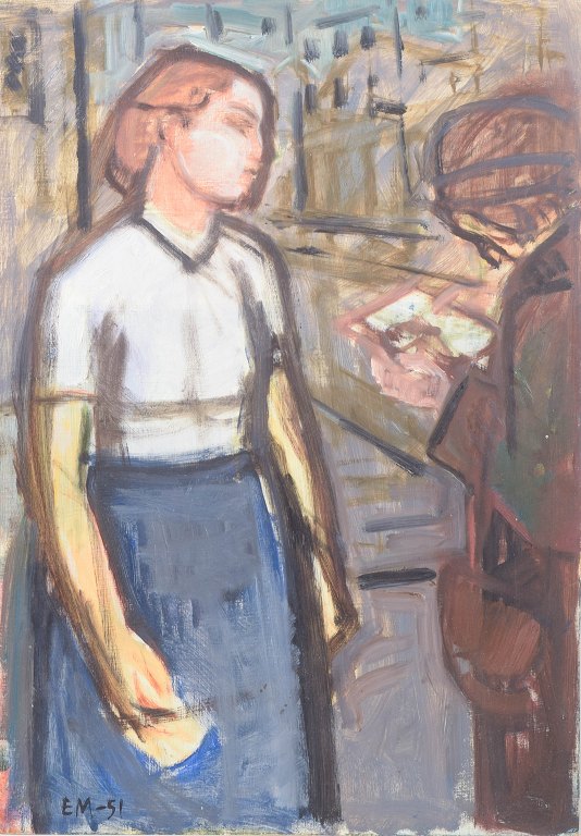 Oil on board, signed and dated 1951, modernist figurative painting.